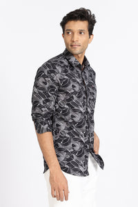 Men Black Floral Print Full Sleeve Slim Fit Casual Shirt