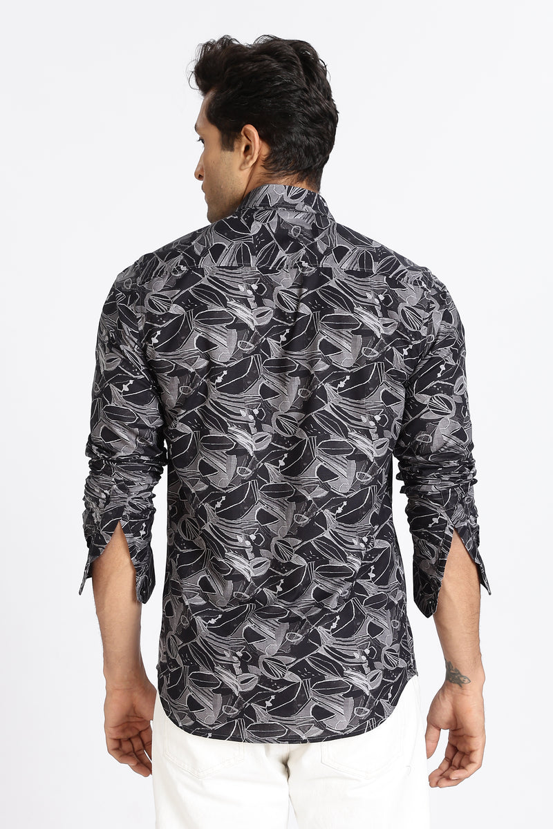 Men Black Floral Print Full Sleeve Slim Fit Casual Shirt