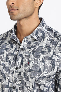Men Blue Printed Full Sleeve Slim Fit Casual Shirt
