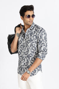 Men Blue Printed Full Sleeve Slim Fit Casual Shirt