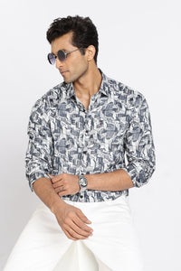 Men Blue Printed Full Sleeve Slim Fit Casual Shirt