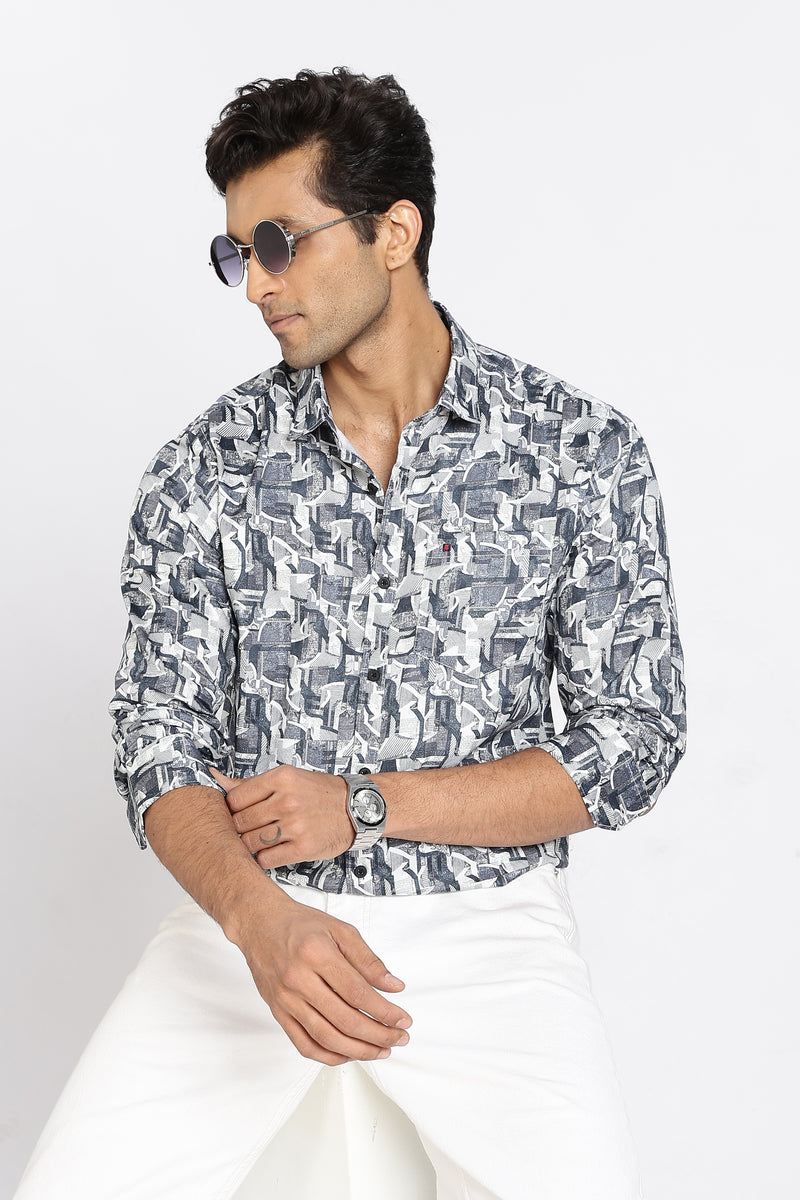 Men Blue Printed Full Sleeve Slim Fit Casual Shirt