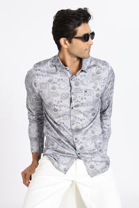 Men Grey Floral Print Full Sleeve Slim Fit Casual Shirts