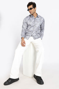 Men Grey Floral Print Full Sleeve Slim Fit Casual Shirts