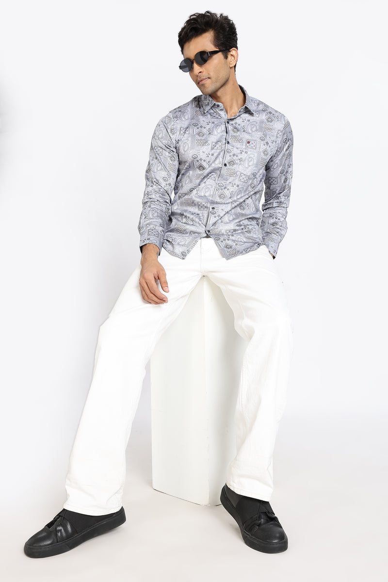 Men Grey Floral Print Full Sleeve Slim Fit Casual Shirts