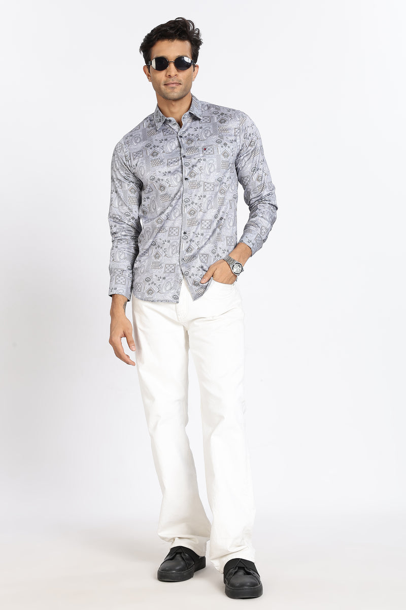 Men Grey Floral Print Full Sleeve Slim Fit Casual Shirts