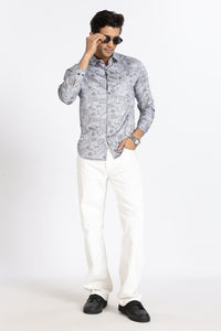 Men Grey Floral Print Full Sleeve Slim Fit Casual Shirts