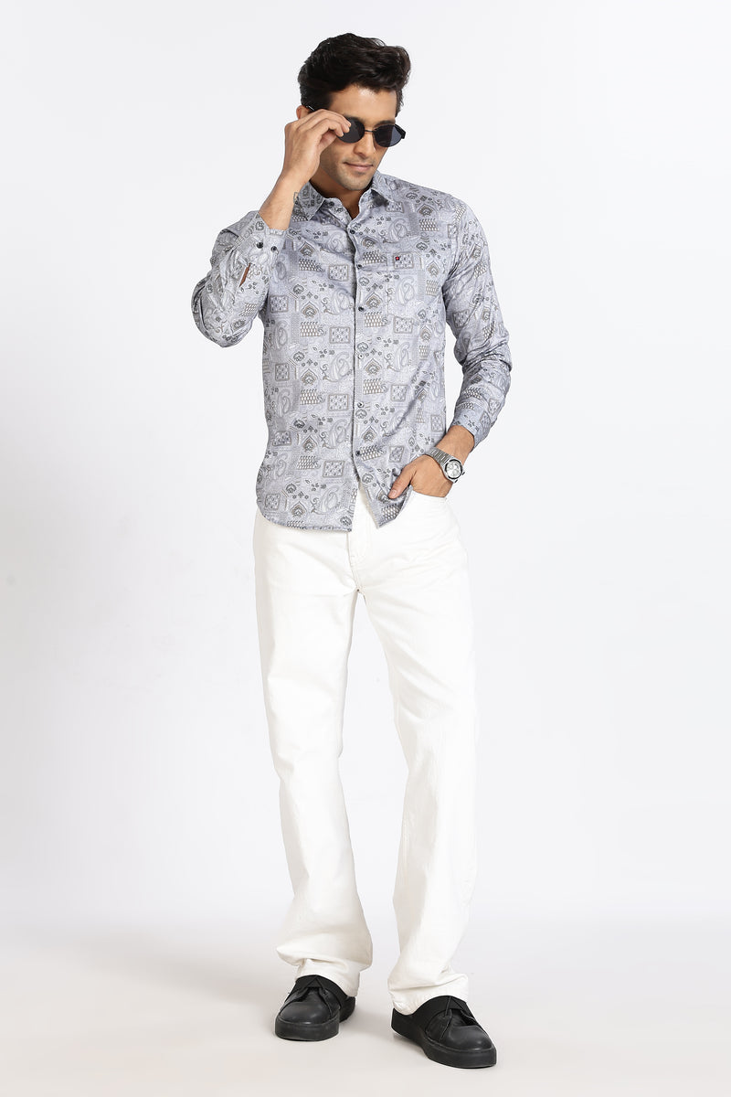 Men Grey Floral Print Full Sleeve Slim Fit Casual Shirts