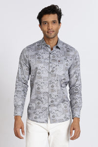 Men Grey Floral Print Full Sleeve Slim Fit Casual Shirts