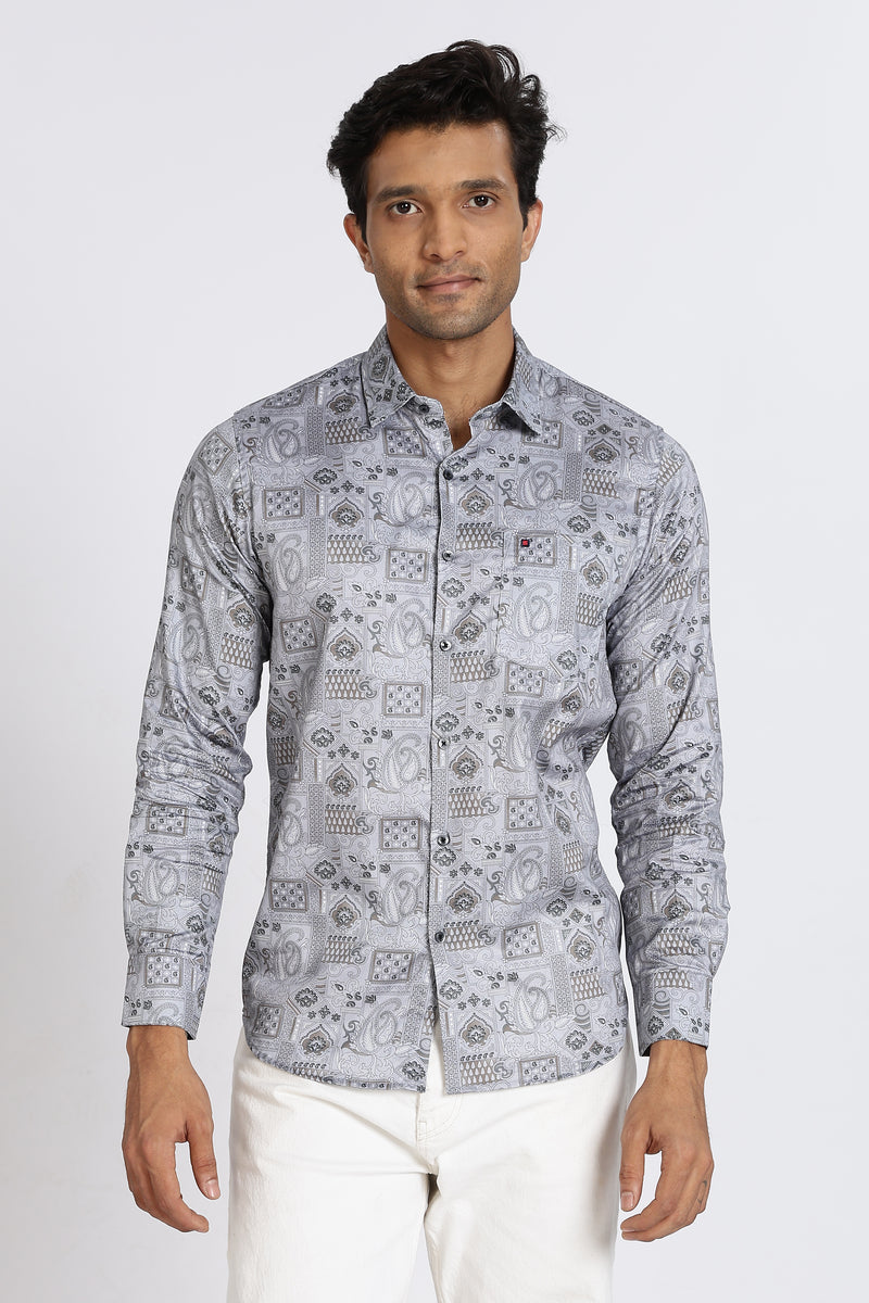 Men Grey Floral Print Full Sleeve Slim Fit Casual Shirts