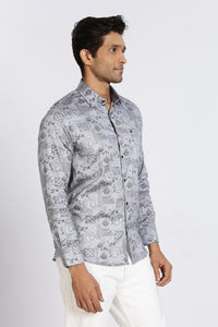 Men Grey Floral Print Full Sleeve Slim Fit Casual Shirts