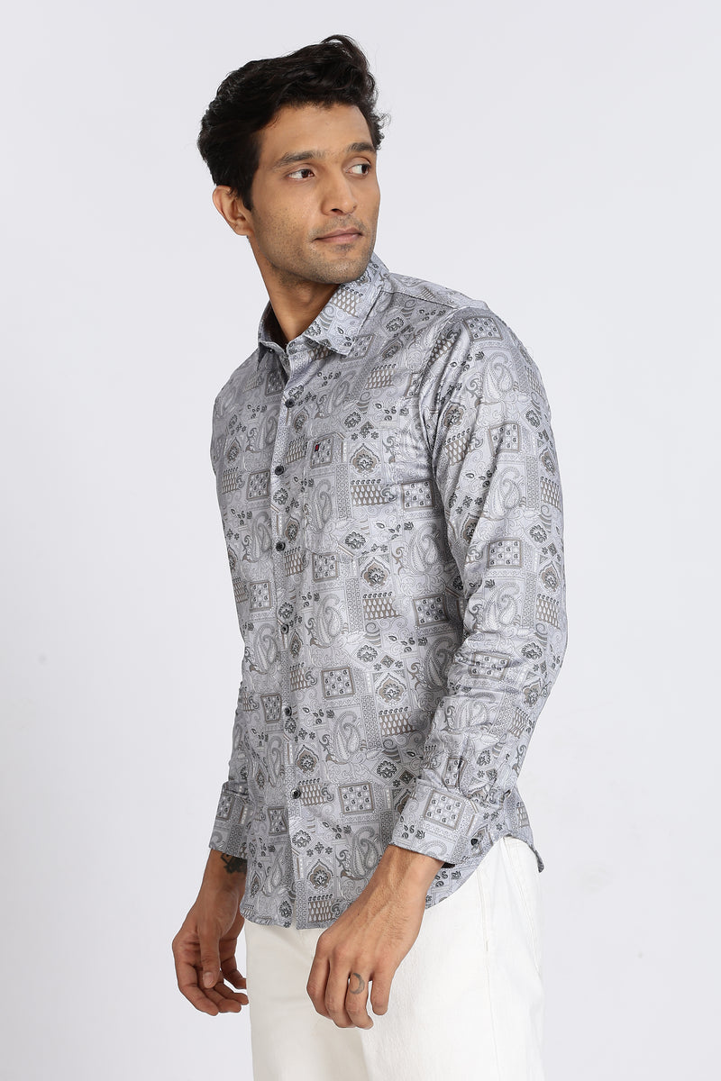 Men Grey Floral Print Full Sleeve Slim Fit Casual Shirts