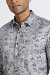 Men Grey Floral Print Full Sleeve Slim Fit Casual Shirts