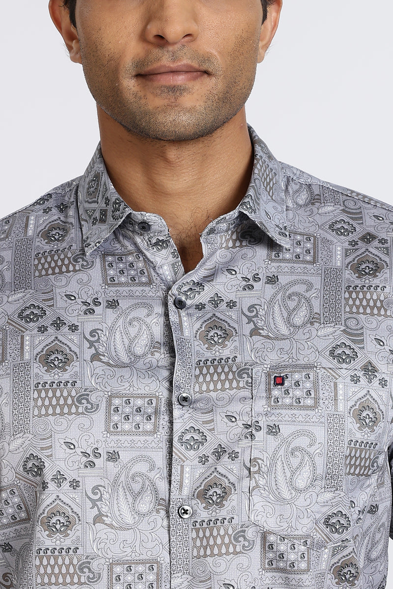 Men Grey Floral Print Full Sleeve Slim Fit Casual Shirts