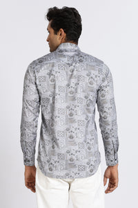 Men Grey Floral Print Full Sleeve Slim Fit Casual Shirts