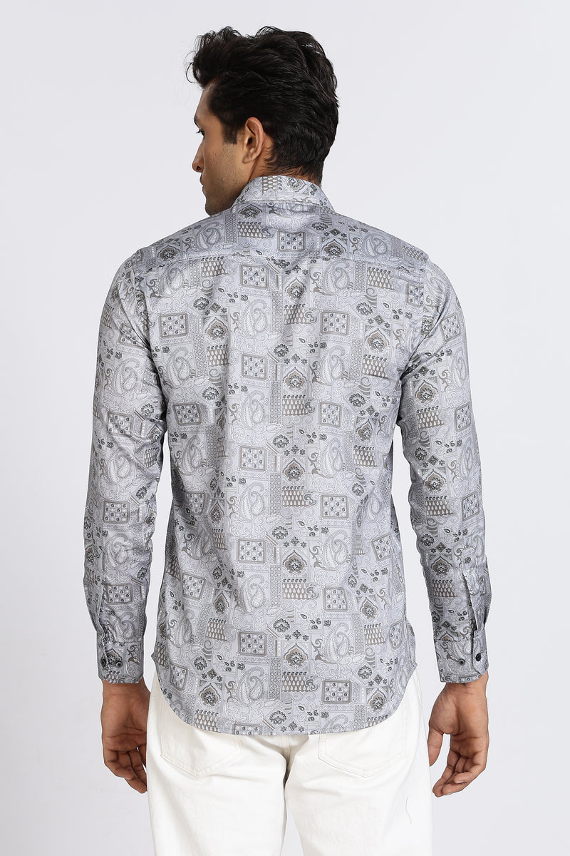 Men Grey Floral Print Full Sleeve Slim Fit Casual Shirts