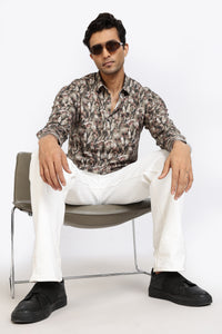 Men Brown Leaf Print Full Sleeve Slim Fit Casual Shirts