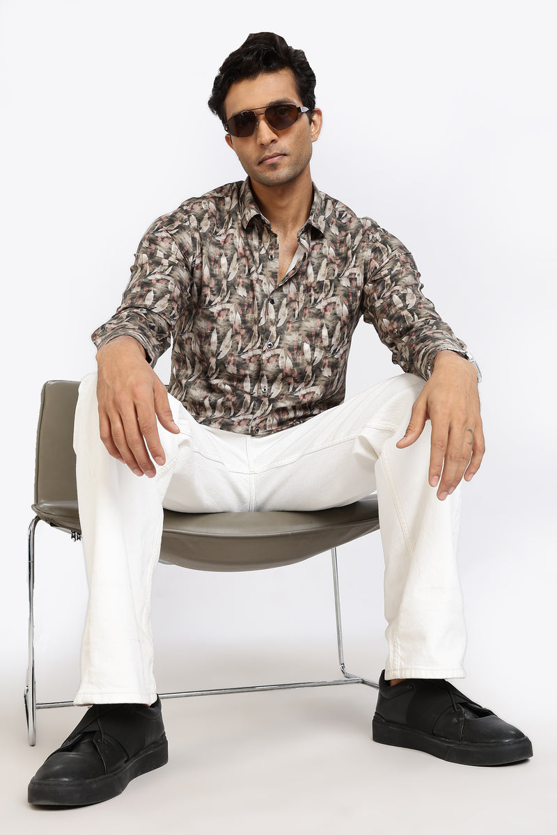 Men Brown Leaf Print Full Sleeve Slim Fit Casual Shirts