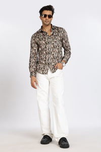Men Brown Leaf Print Full Sleeve Slim Fit Casual Shirts