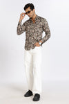 Men Brown Leaf Print Full Sleeve Slim Fit Casual Shirts
