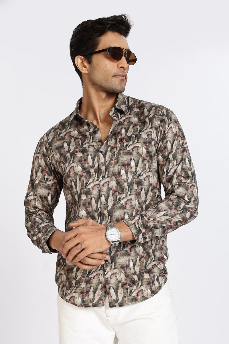 Men Brown Leaf Print Full Sleeve Slim Fit Casual Shirts