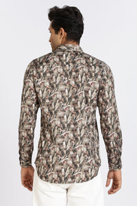 Men Brown Leaf Print Full Sleeve Slim Fit Casual Shirts