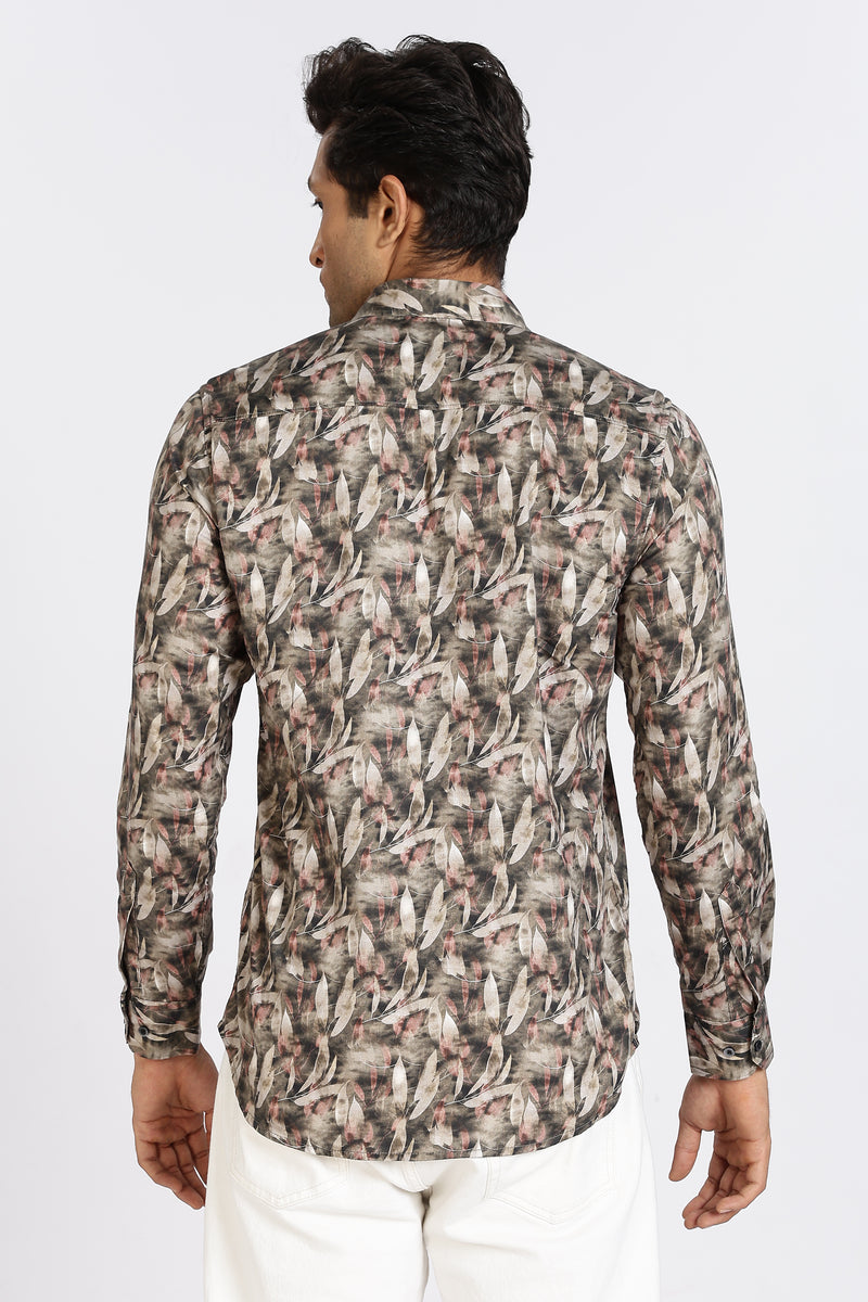 Men Brown Leaf Print Full Sleeve Slim Fit Casual Shirts