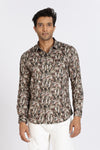 Men Brown Leaf Print Full Sleeve Slim Fit Casual Shirts