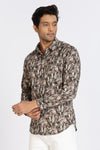 Men Brown Leaf Print Full Sleeve Slim Fit Casual Shirts