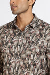 Men Brown Leaf Print Full Sleeve Slim Fit Casual Shirts