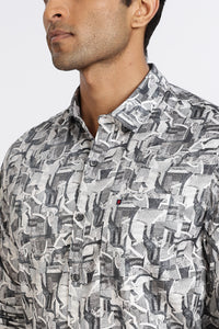 Men Grey Printed Full Sleeve Slim Fit Casual Shirt