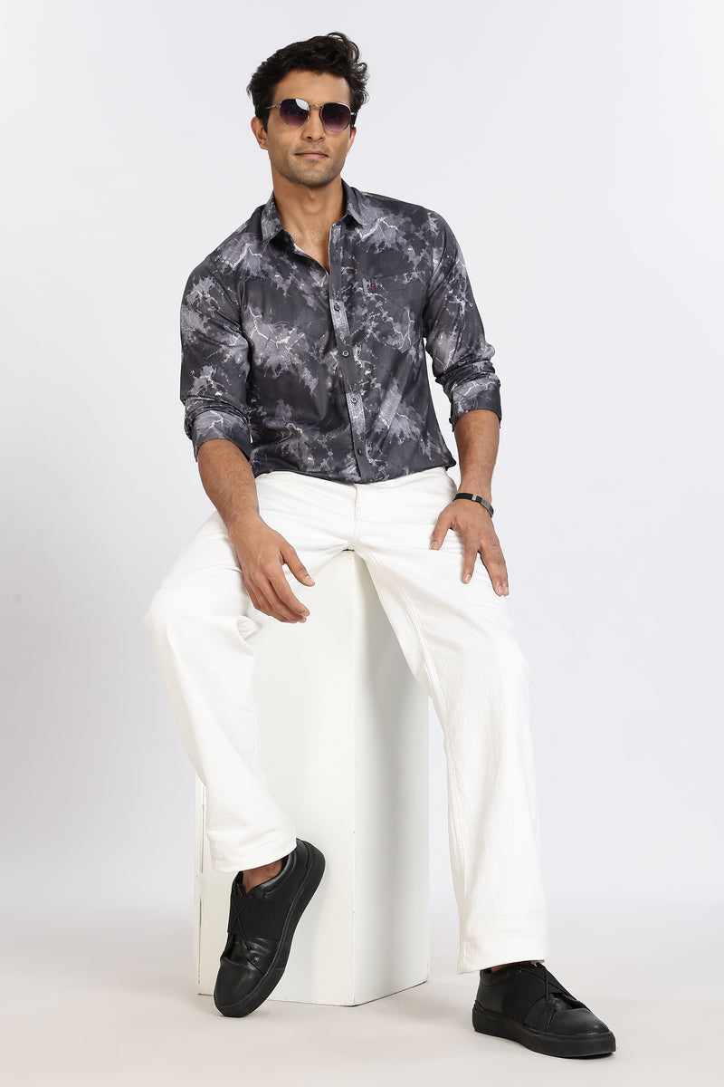 Men Dark Grey Printed Full Sleeve Slim Fit Casual Shirts