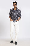 Men Dark Grey Printed Full Sleeve Slim Fit Casual Shirts