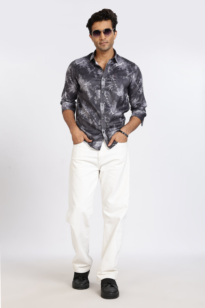 Men Dark Grey Printed Full Sleeve Slim Fit Casual Shirts