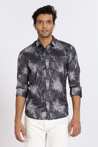 Men Dark Grey Printed Full Sleeve Slim Fit Casual Shirts