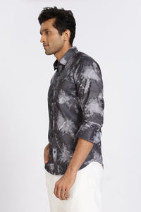 Men Dark Grey Printed Full Sleeve Slim Fit Casual Shirts