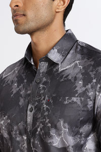 Men Dark Grey Printed Full Sleeve Slim Fit Casual Shirts