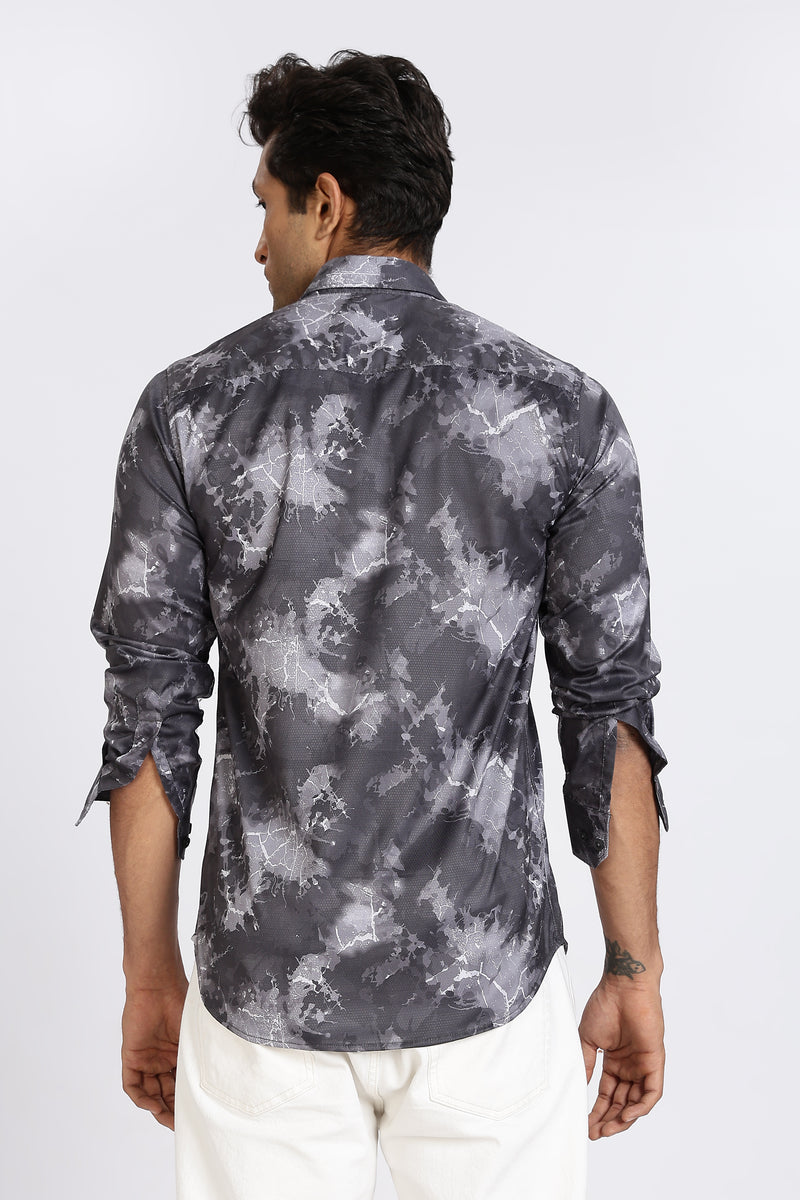 Men Dark Grey Printed Full Sleeve Slim Fit Casual Shirts