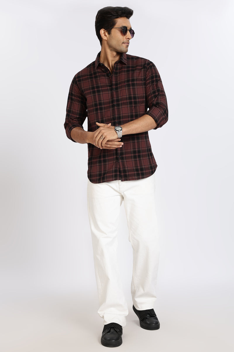 Men Brown Vintage Checks Full Sleeve Slim Fit Casual Shirts