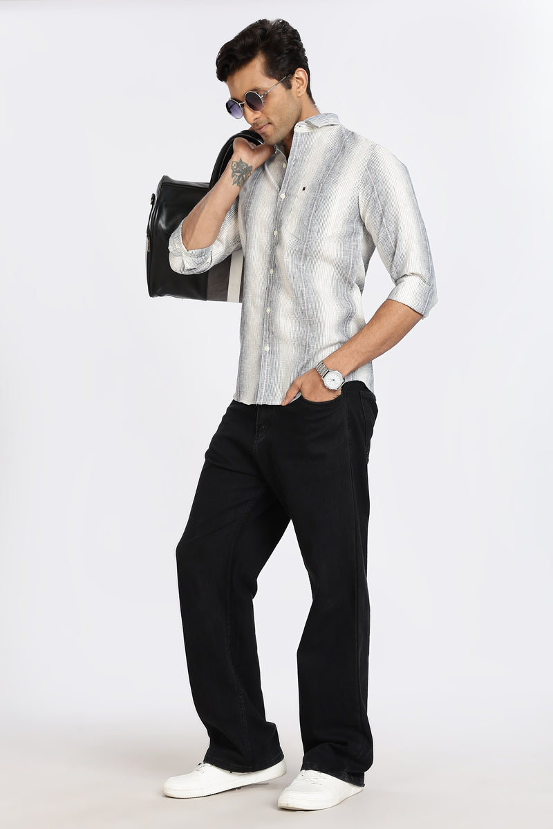 Men Navy Stripes Full Sleeve Slim Fit Casual Shirts