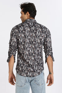 Men Blue Leaf Print Full Sleeve Slim Fit Casual Shirts
