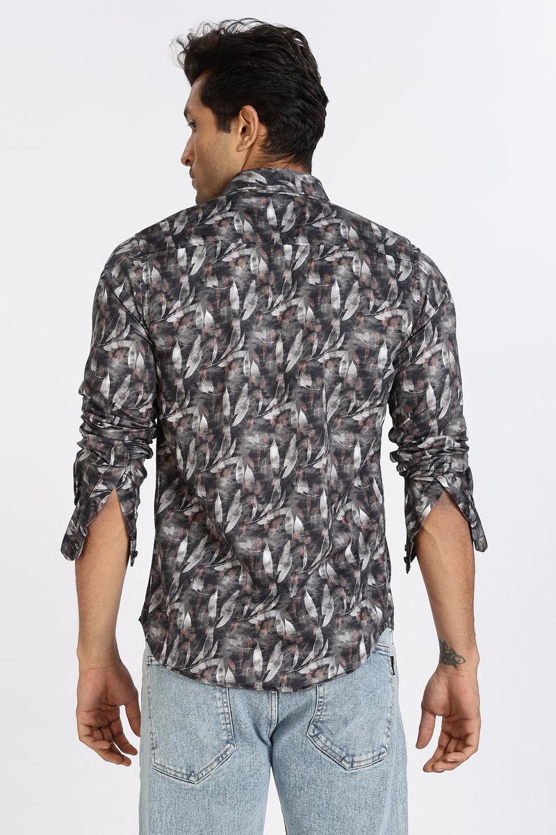 Men Blue Leaf Print Full Sleeve Slim Fit Casual Shirts