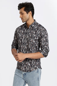 Men Blue Leaf Print Full Sleeve Slim Fit Casual Shirts
