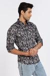 Men Blue Leaf Print Full Sleeve Slim Fit Casual Shirts