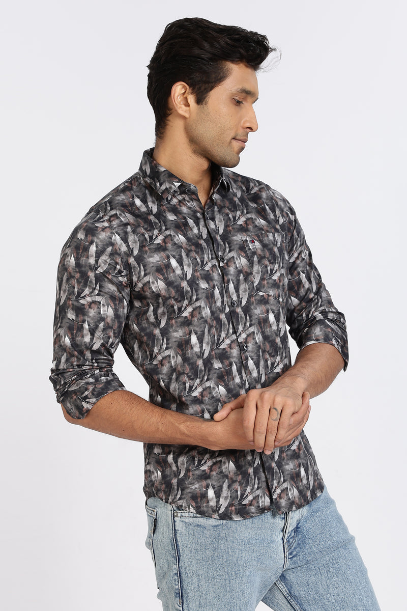 Men Blue Leaf Print Full Sleeve Slim Fit Casual Shirts