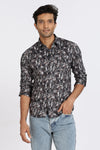 Men Blue Leaf Print Full Sleeve Slim Fit Casual Shirts