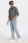 Men Blue Leaf Print Full Sleeve Slim Fit Casual Shirts