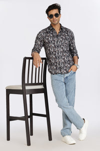 Men Blue Leaf Print Full Sleeve Slim Fit Casual Shirts