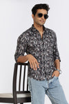 Men Blue Leaf Print Full Sleeve Slim Fit Casual Shirts