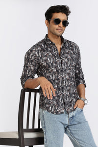 Men Blue Leaf Print Full Sleeve Slim Fit Casual Shirts